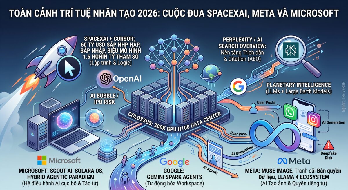 Sơ đồ phân tích cục diện hệ sinh thái ai toàn cầu năm 2026 giữa spacexai, meta và microsoft trên nền tảng siêu máy tính colossus 300k gpu h100