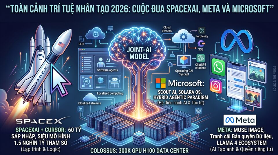 Ảnh đại diện phân tích the verge về ai 2026, sáp nhập spacexai và cursor 60 tỷ usd, microsoft scout ai, solara os, và meta muse image gây tranh cãi về bảo mật.